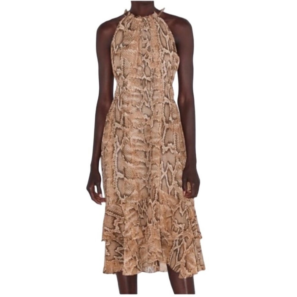 Zara Midi Summer Orange Black Brown SzS Animal Print Sleeveless Ruffle Dress
